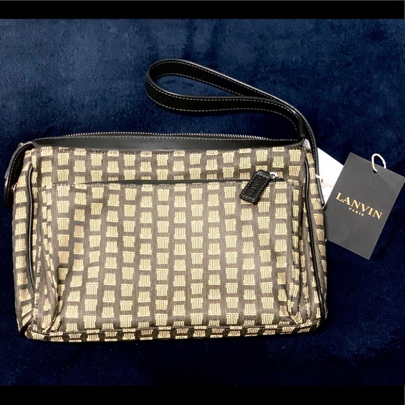 Lanvin Vintage Monogram Logo Textile Clutch Tan Beige Wristlet NWT - Picture 4 of 11